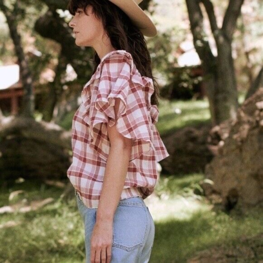 THE GREAT. Whisper Check Cotton Linen brick plaid ruffle sleeve top sz 1 - Picture 2 of 7